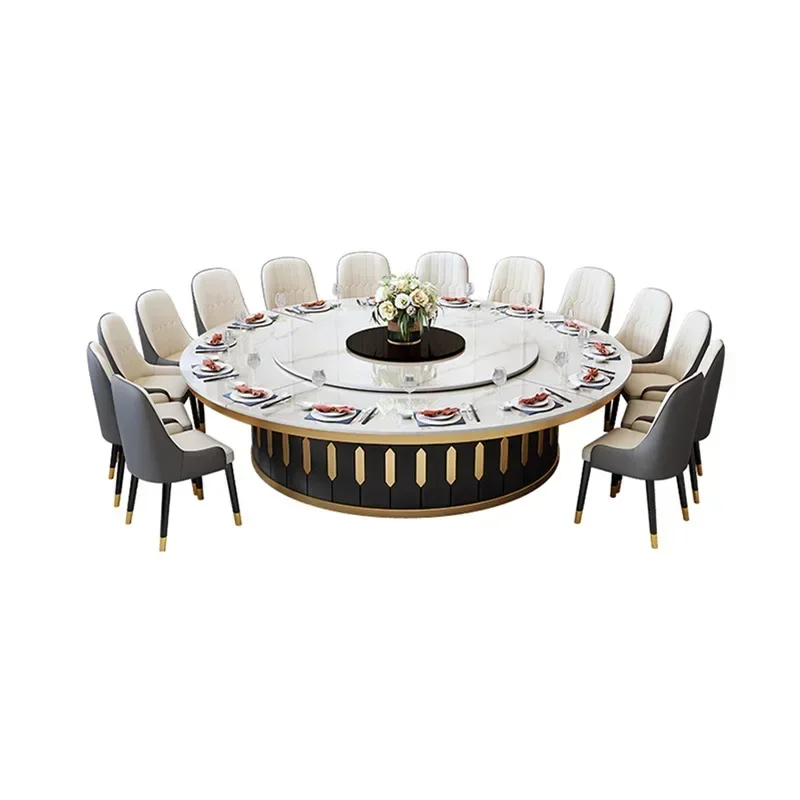 Hotel dining table and chair combination light luxury rock slab electric turntable large round table