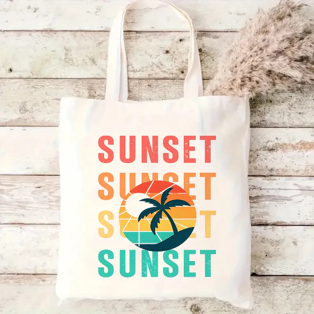 

Vintage Sunset Canvas Tote Bag Palm Tree Printed Shoulder Handbag Beach Vacation Large Capacity Casual Eco Reusable Shopper Bags