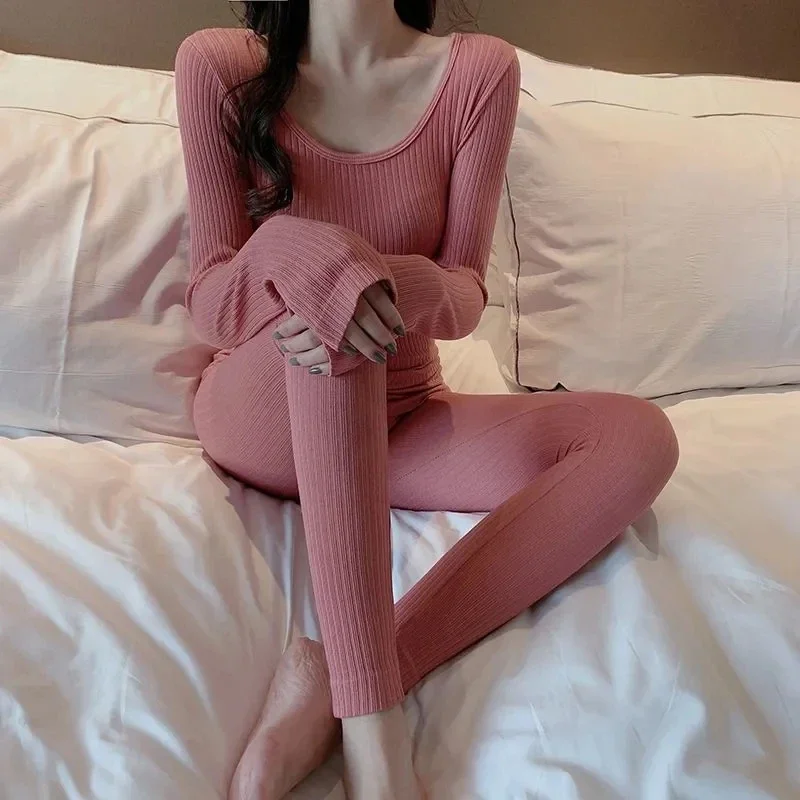 Women Long Sleeve Pajama Set Solid Skinny Elasticity Sleepwear Lounge Simple Elegant Pyjamas Autumn Winter Thermal Underwear Set