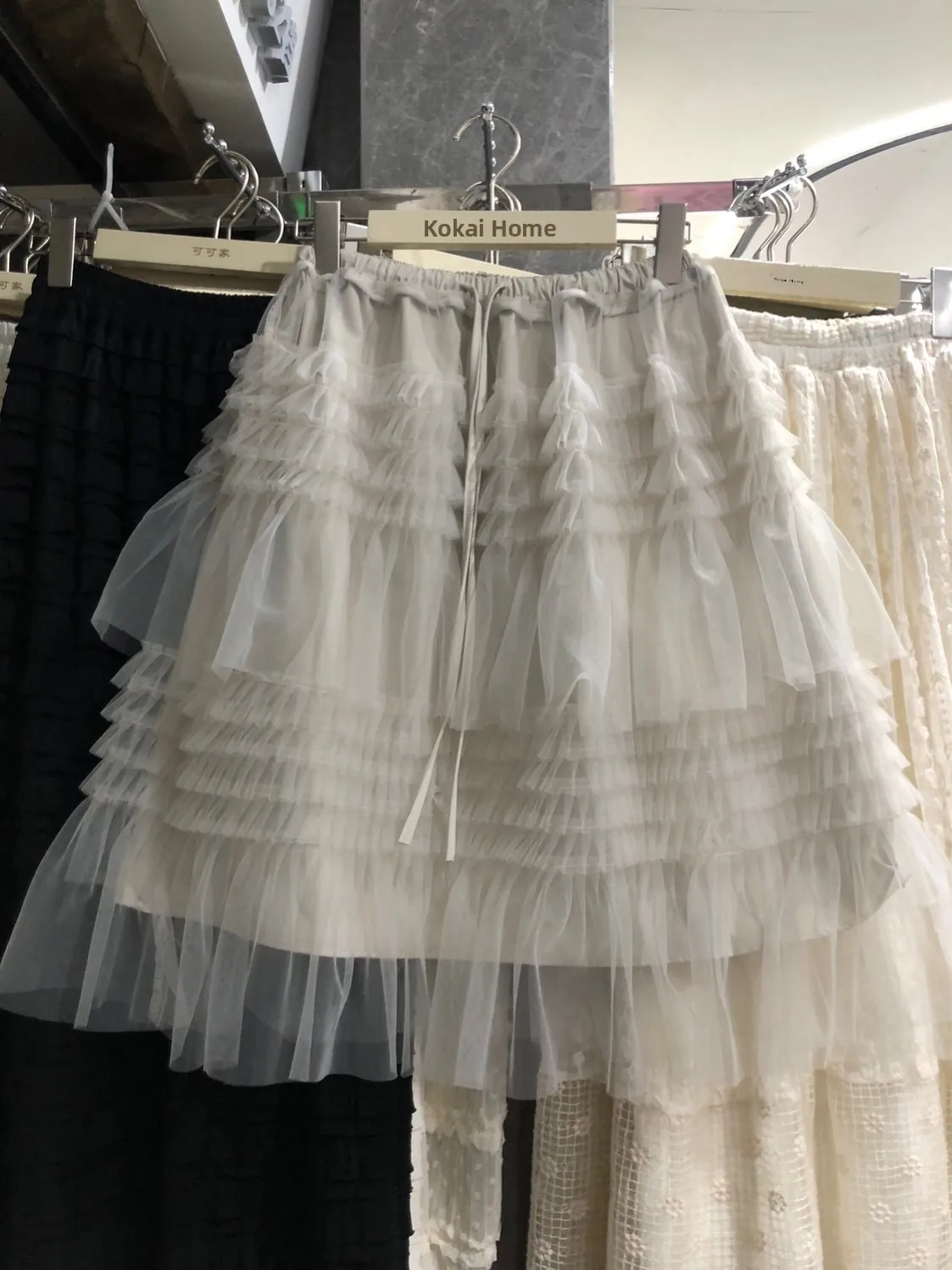 Elegant Grey Beige Half Skirt with Lace Trim Soft Gentle High Waist A-Line Skirt for Women Non-Stretch Elastic Waist