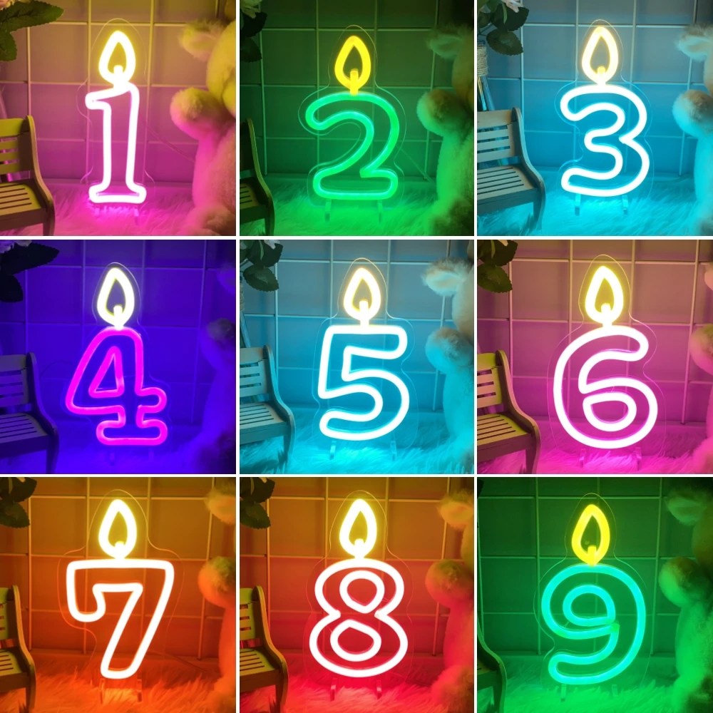 Candle Number Neon Led Lights Birthday Signs Neon Lights Happy Birthday Party Decoration Room Table Signs Neon Night Lights Gift