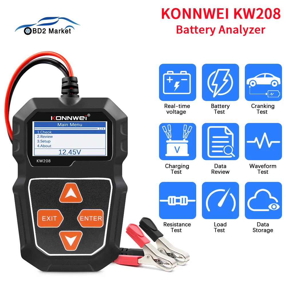 

KONNWEI KW208 Car Battery Tester 12V Cranking Charging Circut Tester Battery Analyzer 12 Volts Battery Tools 100 to 2000CCA