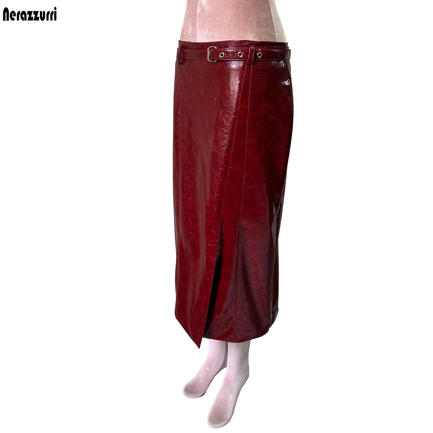 Mauroicardi Spring Autumn Shiny Reflective Patent Faux Leather Skirt Women Front Slit Elegant Chic Luxury Designer Clothes 2026
