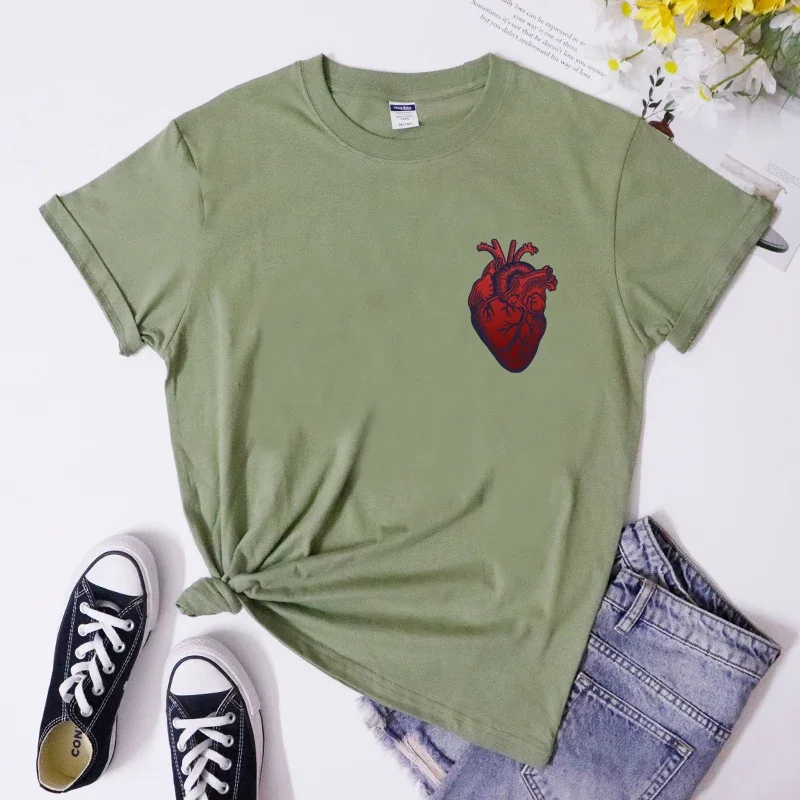 Anatomical Heart Pocket Print T Shirt Women Hipster Nurse Cardiology T-shirt Streetwear Aesthetic Anatomy Graphic Tees Tops 5XL