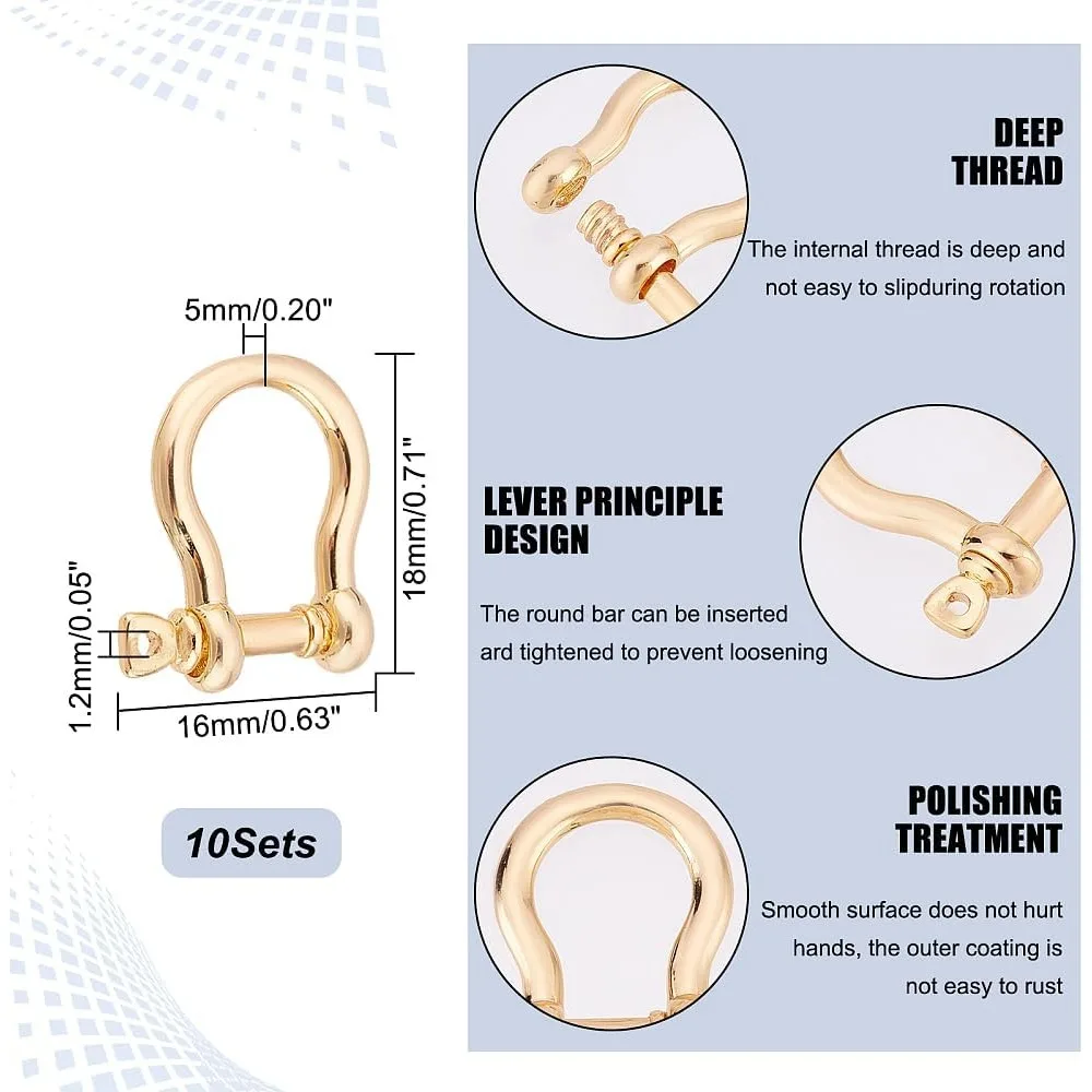 10 Sets Brass D-Ring Anchor Shackle Clasps 18K Gold Plated U Shape Shackle Bow Shackle for Bracelets Making Purse Replacement