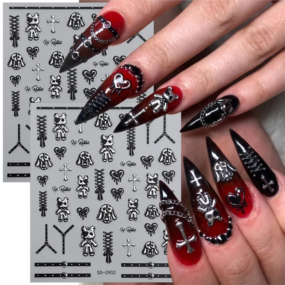2Pcs 5D Metallic Silver Punk Gothic Cross Nail Art Sticker Heart Clock Belt Bow Slider Decals Y2K Self‑Adhesive Manicure Sticker