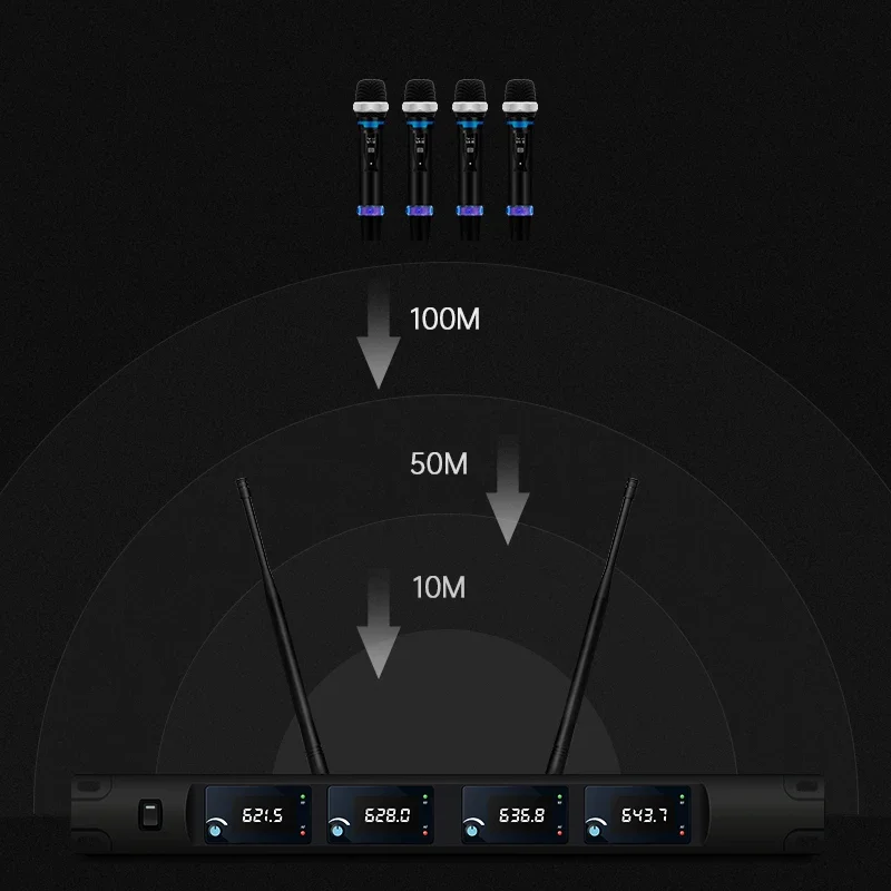 ERZHEN U973 نظام ميكروفون لاسلكي محمول باليد عالي التردد ذو 4 قنوات لخطاب حفلات الكاريوكي