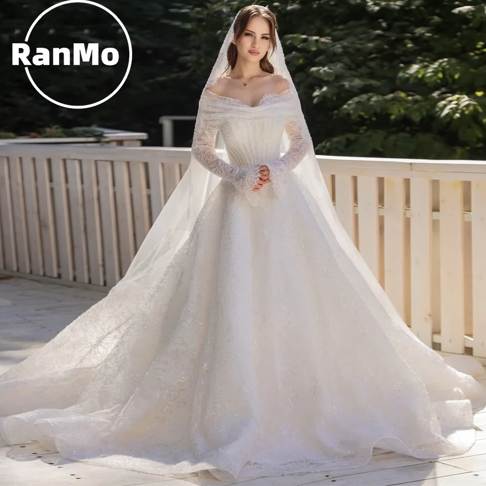 

Свадебные платья Ranmo с открытыми плечами, женские свадебные платья А-силуэта с блестками, кружевные, с длинными рукавами, со шлейфом, на заказ, Vestidos De Novia