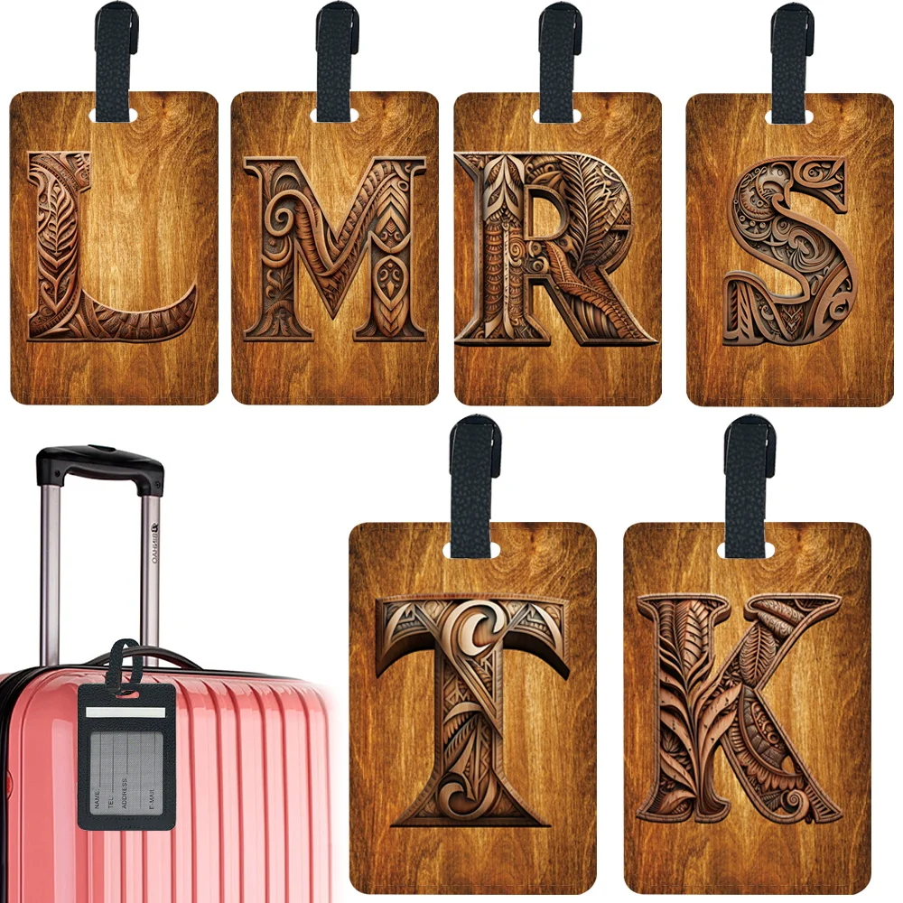 

Men Pu Luggage Tag Personalized Luggage Boarding Pass Fashion Travel Accessories Holder ID Name Address Wood Art Letter Pattern