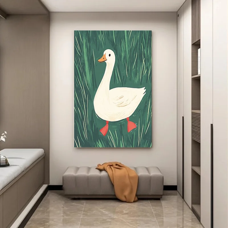 Lienzo artístico de pared sin marco, 79,98x119,89cm, pato blanco juguetón en escena de estanque, fondo de hierba verde vibrante, moderno y Cla, 1 ud.