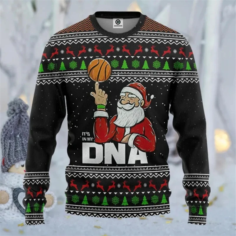 Funny Santa Basketball Ugly Christmas Sweater For Men Women Holiday Xmas 3D Print Kids Sports Pullover Casual Trend Sweatshirt
