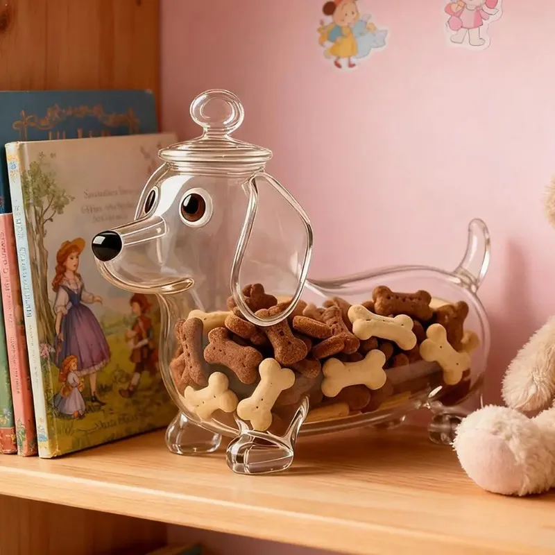 Dachshund Dog Shape Glass Snack Jar Cute Animal Statue Storage Container 17x16.5cm Food Jar for Outdoor Training