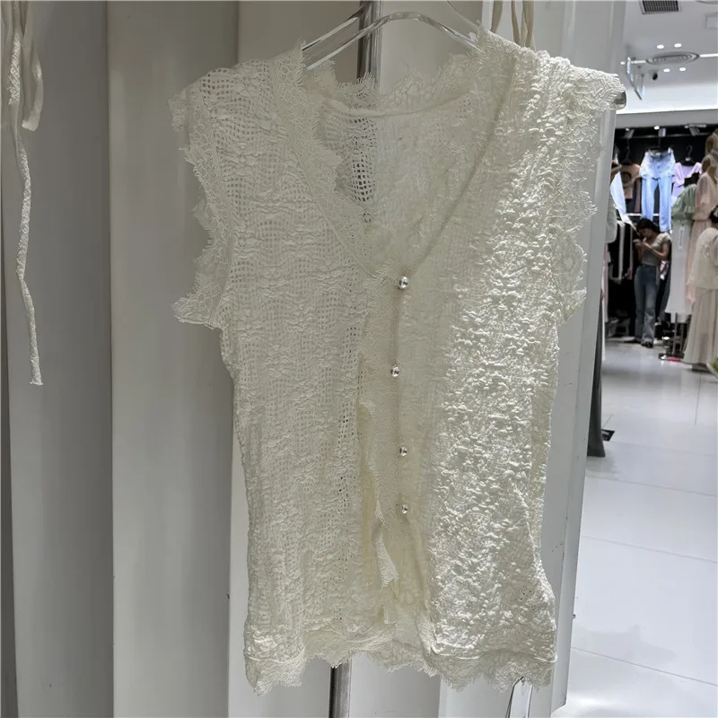 

Women's V-neck Lace Tank Top Summer New Hook Flower Hollow out Cardigan Base Outerwear Versatile Elegance Top Breathable Skin...