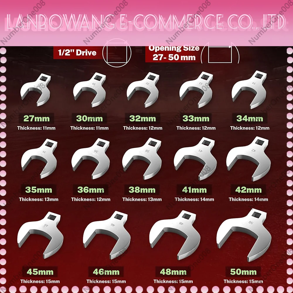 14 Piece Jumbo Crowfoot Wrench Set 1/2 Inch Drive, Metric 27 50mm SAE 1 1/16 to 2 Inch, Big Crowfoot Wrench for Torque Wrench