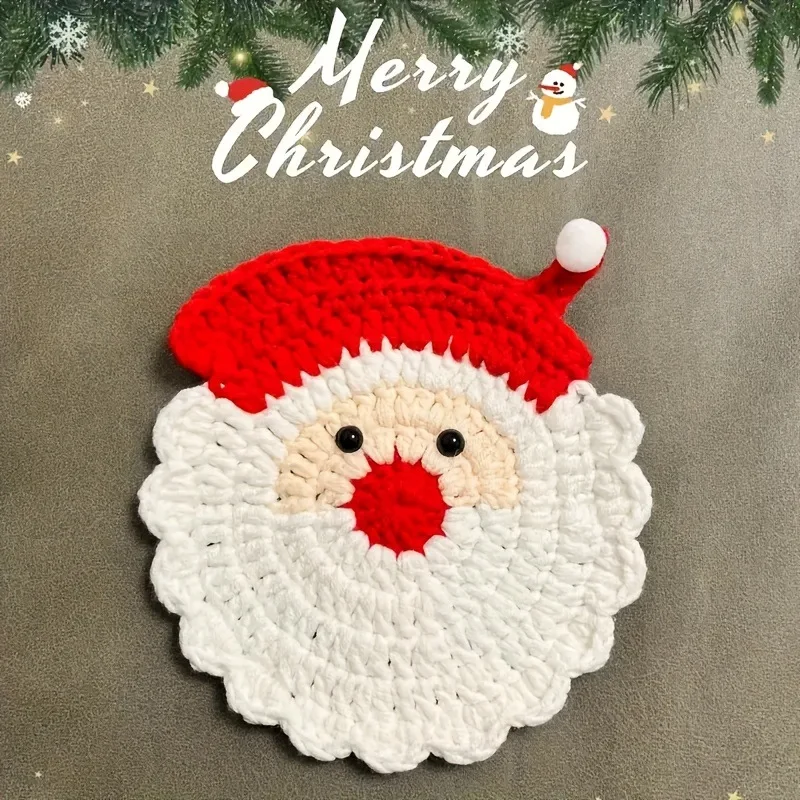 4pcs Coasters Handmade Crochet Santa Claus Xmas Setting Durable Fabric Drink Tray Seasonal Tableware Unique Gift Coaster Set
