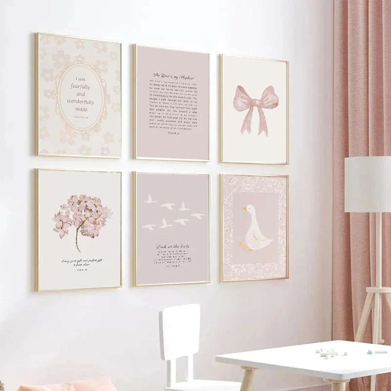 Cuadro sin marco de 1 pieza, rosa, estilo bohemio, con lazo, campo, jardín, lienzo, pintura, arte bíblico cristiano, póster, decoración de pared para dormitorio de niñas