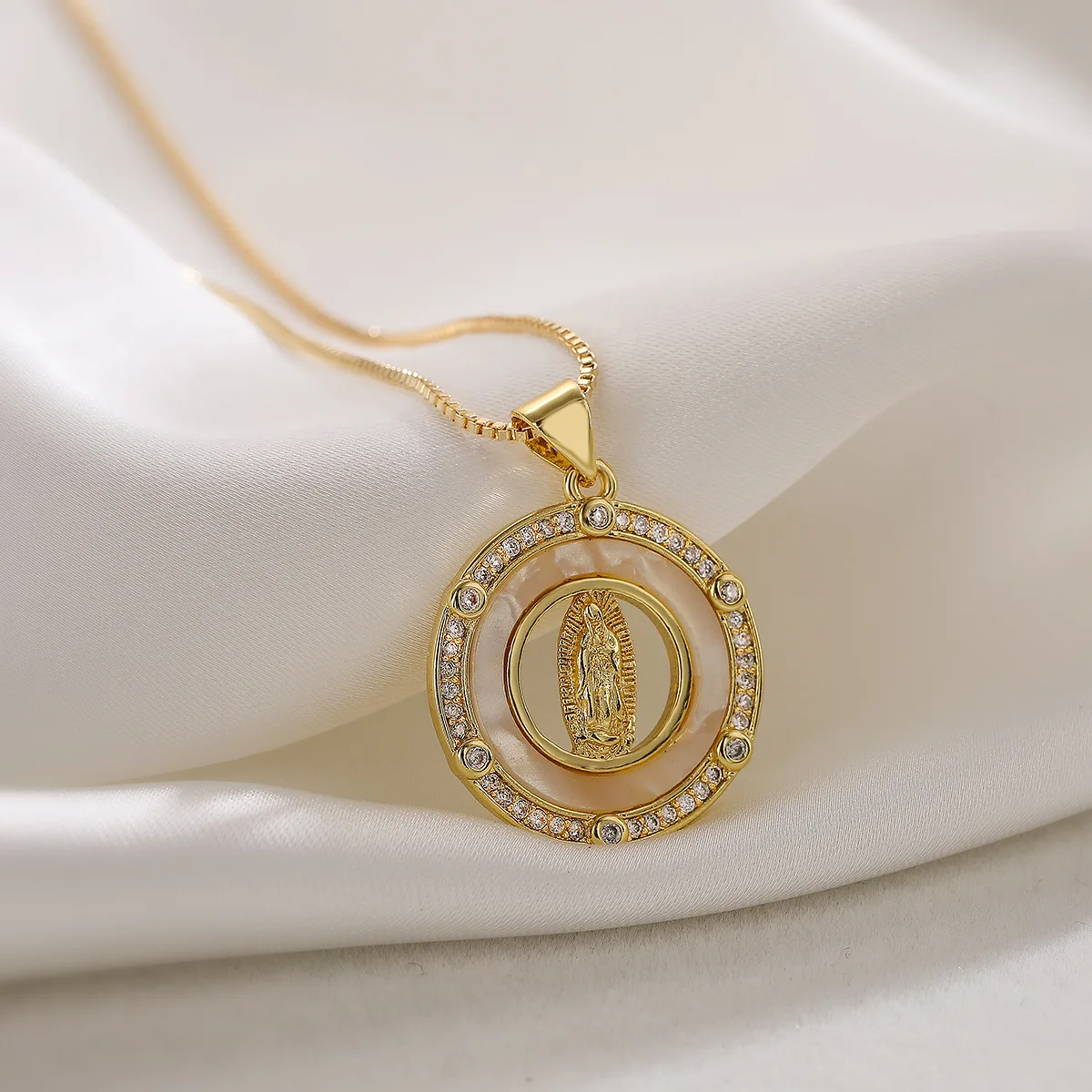 Fashion Gold Color Stainless Steel Chain Necklaces Clear CZ Inlay White Oil Dripping Round Cross Virgin Mary Pendant Necklaces