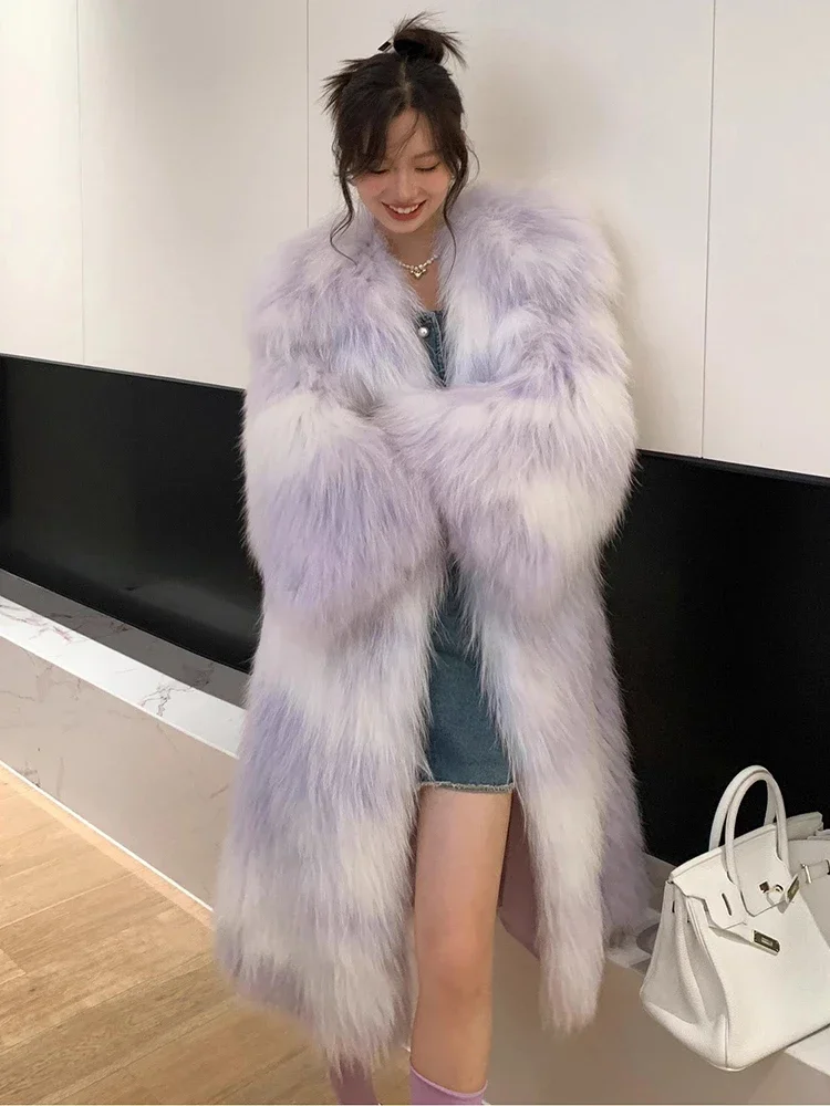 

Luxury Hand-woven Tie-dye Raccoon Dog Fur Coat for Women 2024 New High-end Notched Collar Elegant X-Long Real Fur Jacket Winter