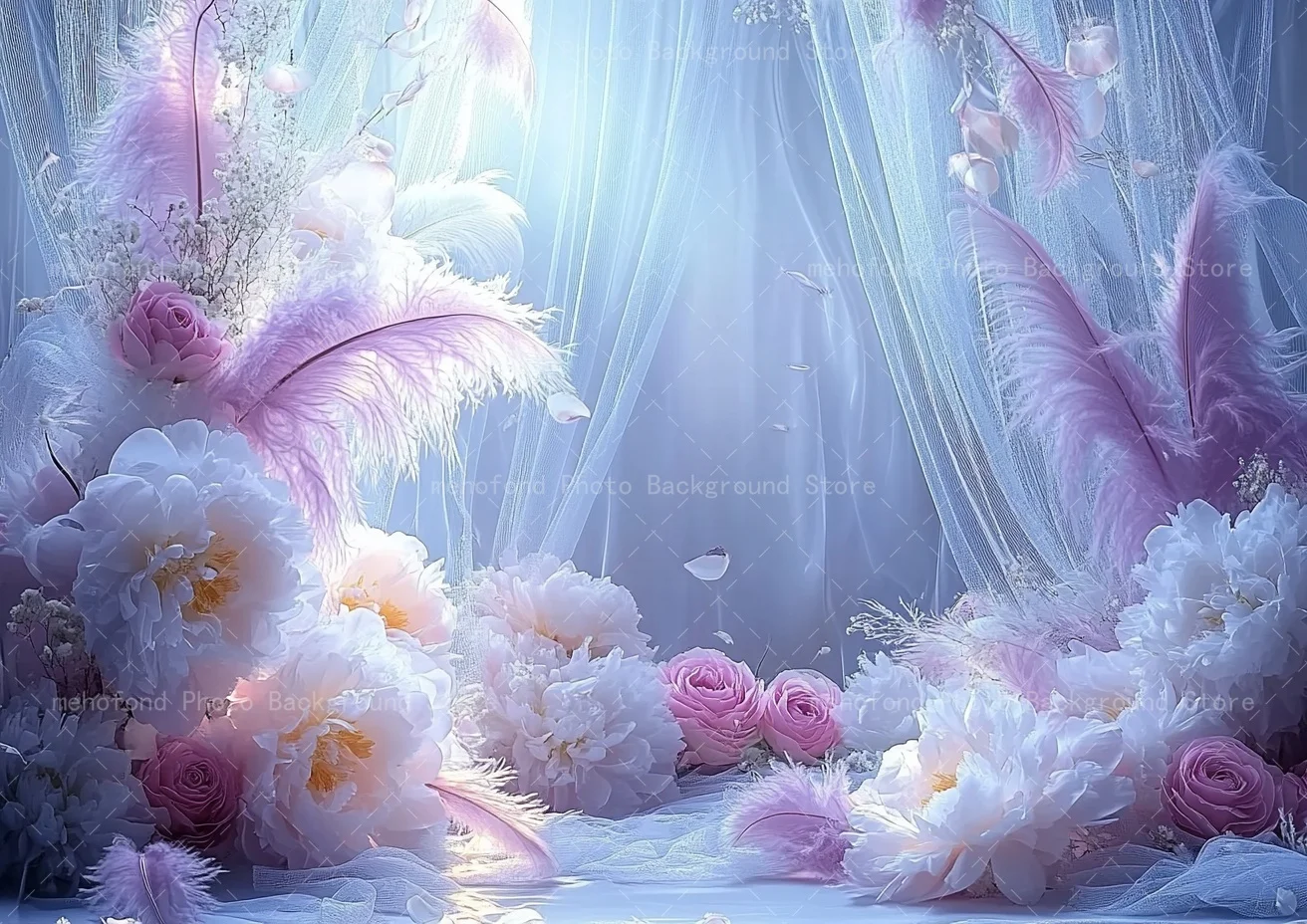 Mehofond Purple Roses With Soft Feathers Photography Background Dreamy Ethereal Wedding Chiffon Shower Portrait Backdrop Decor