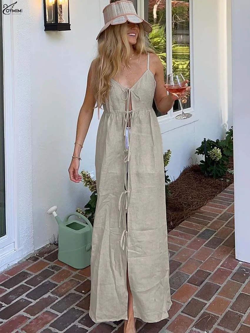 

Oymimi Elegant Khaki Loose Dresses For Woman Autumn Spaghetti Strap Lace-Up Solid Dresses Casual High Waist Ankle-Length Dress