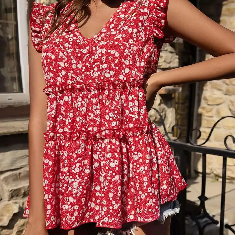 新しい夏の花柄シャツ甘いレジャー休暇スタイルの女性のドレスポリエステル繊維 00% 半袖プリントパターン