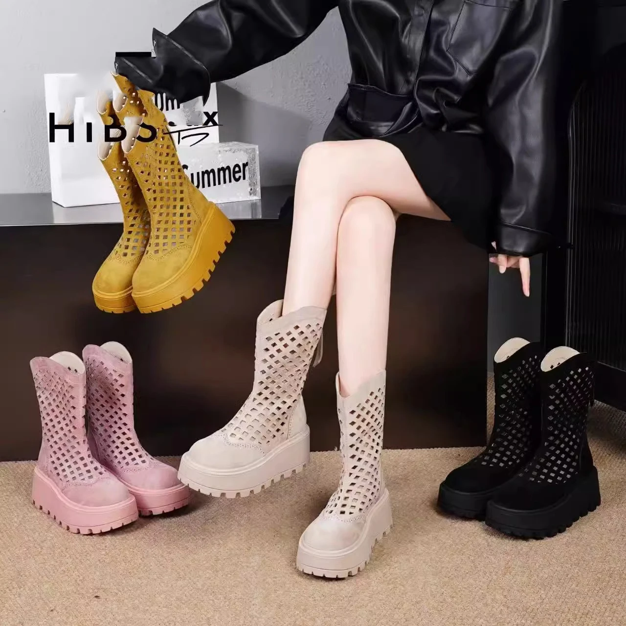 

Women's Me Boots Summer New Sle 7cm Thin Breathable Mid-Calf Boots Heightening Thi Bot Sandals Faion Boots