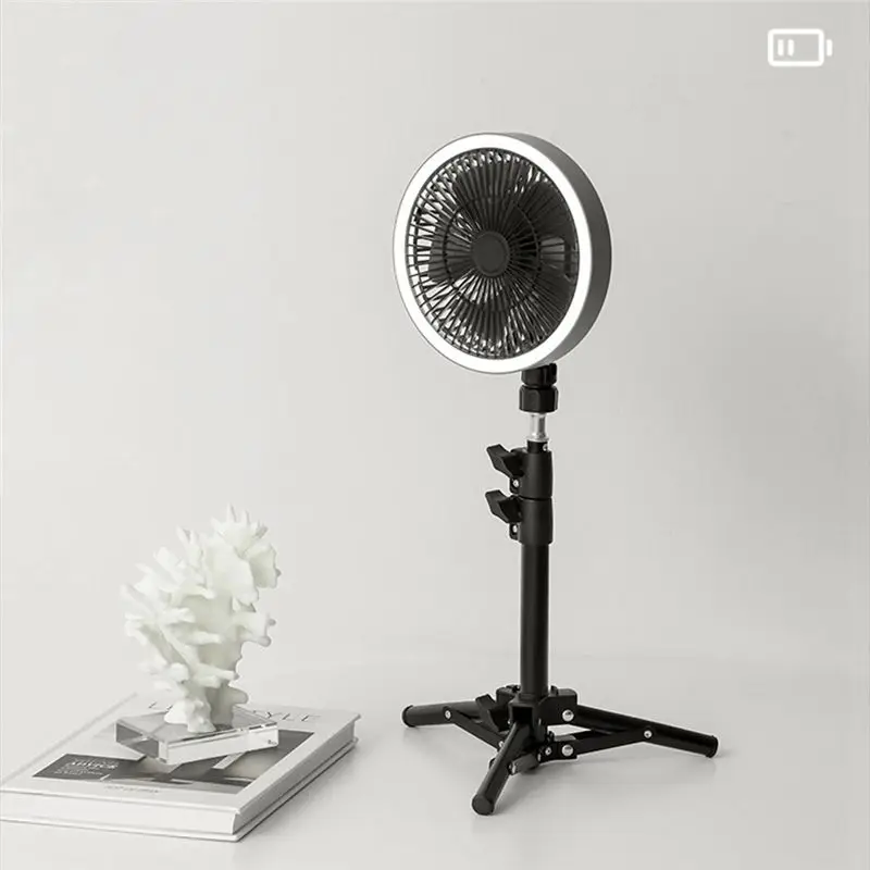 ABXF-Rechargeable Vertical Tripod Fan Home Tripod Display Fan Hiking Shaking Head Vertical Fan White & Black