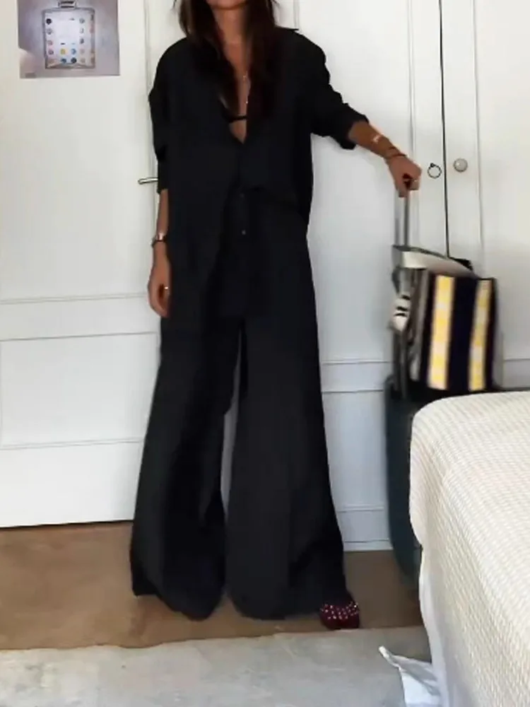 Setelan Jas Hitam Fashion Terbaru Wanita Musim Gugur Lengan Panjang Kancing Satu + Celana Saku Elegan 2 Potong Set Pakaian Kantor Kasual