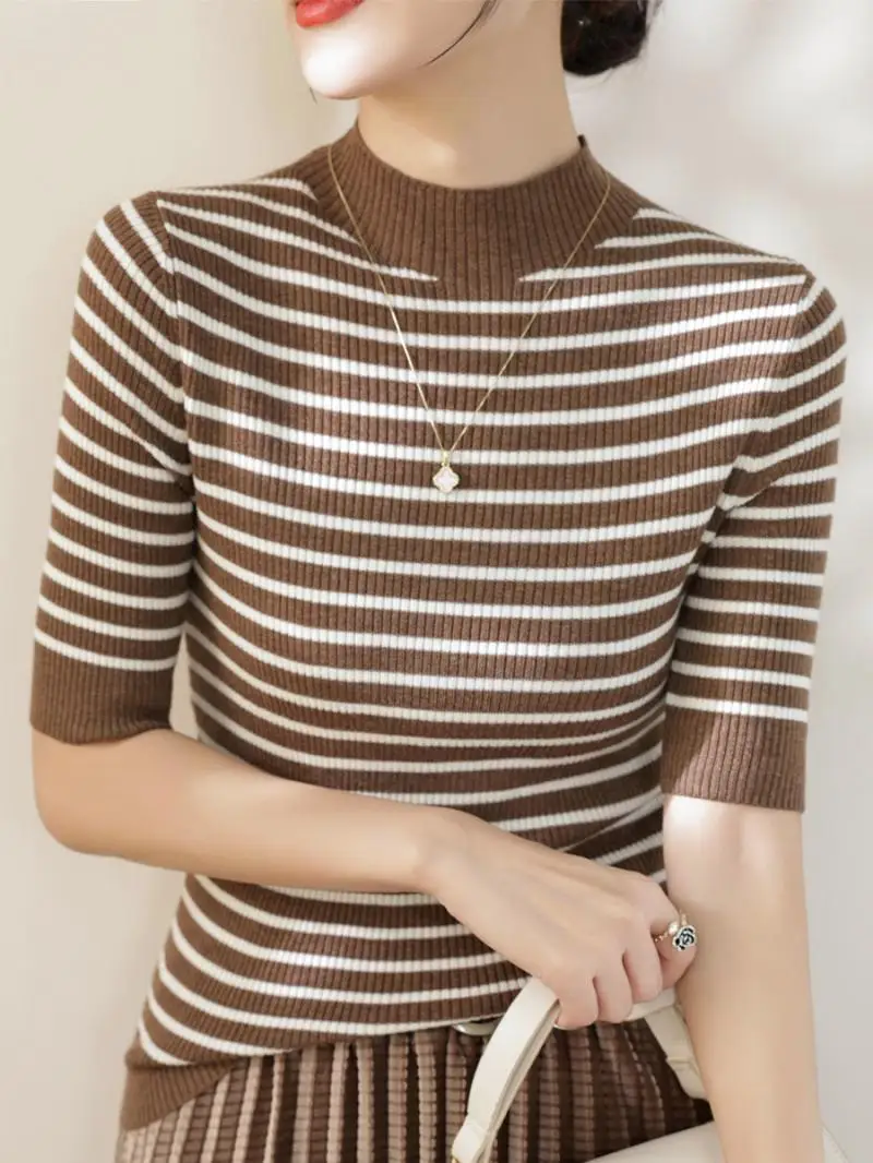 2024 Summer Striped Half High Collar Middle Sleeve Spring Slim Contrasting Colors Comfortable Tops Affordable All-match T-shirt