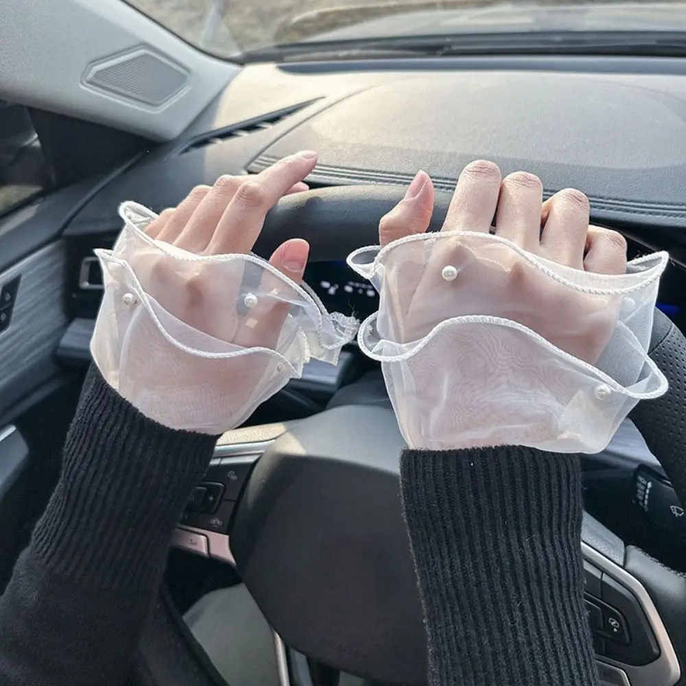 더블 레이어 가짜 주름 커프스 분리형 달콤한 탄성 슬리브 커프스 진주가있는 레이스 슬리브 가짜 커프 슬리브