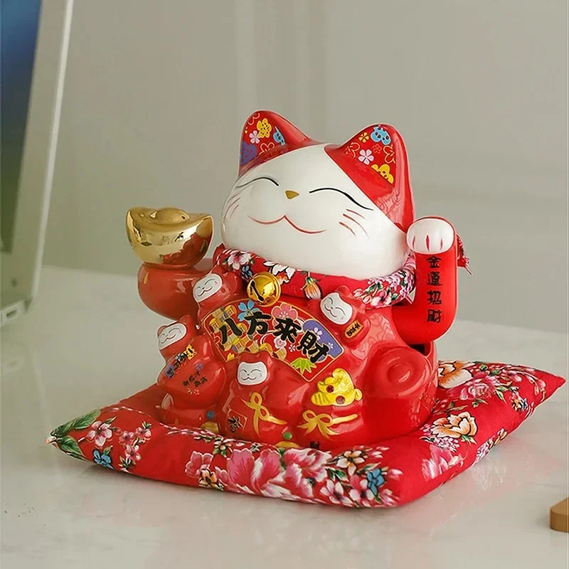 

7 Inch Fortune Cat with Waving Arm Ceramic ManekI Neko Feng Shui Ornament Lucky Cat for Shops, Restaur