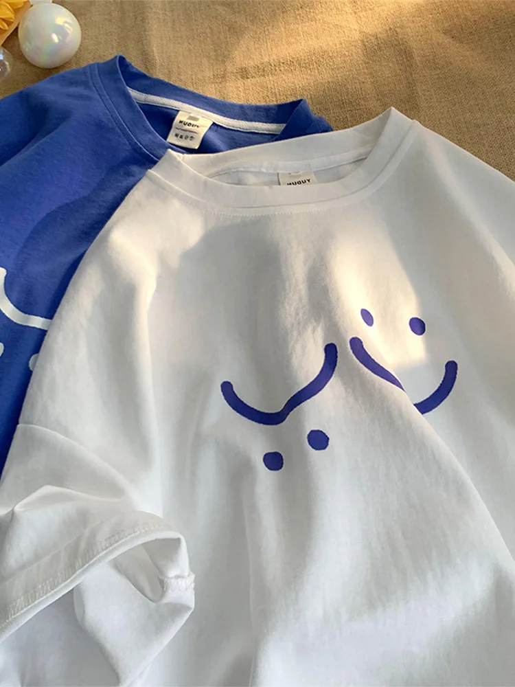 Korean Style Chic  Face Women's T-Shirt Summer Half Sleeve Pure Cotton Top Trendy Lazy Couple Short Sleeve Fashion