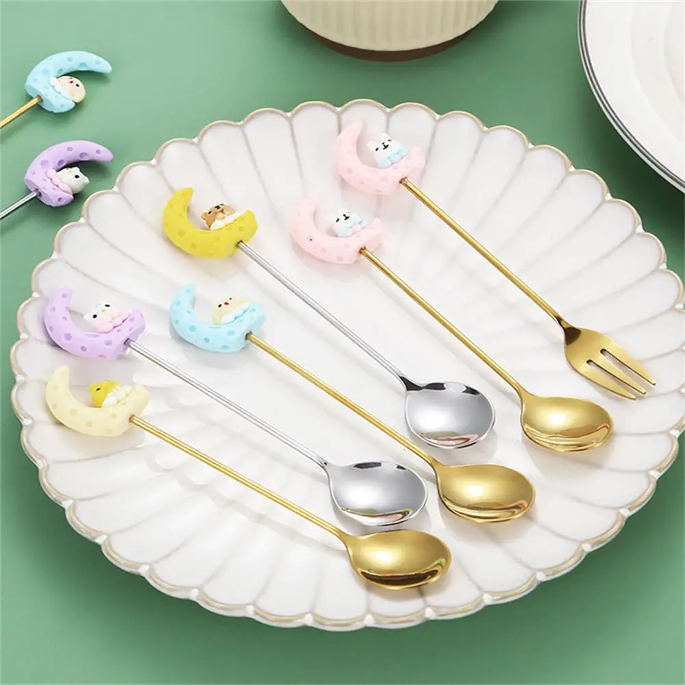 1/3/5PCS Coffee Mixing Spoon Cute Dessert Spoon Cake Fruit Fork Cake Fruit Spoon Moon Rabbit Spoon Dessert Cloth Wheel Light