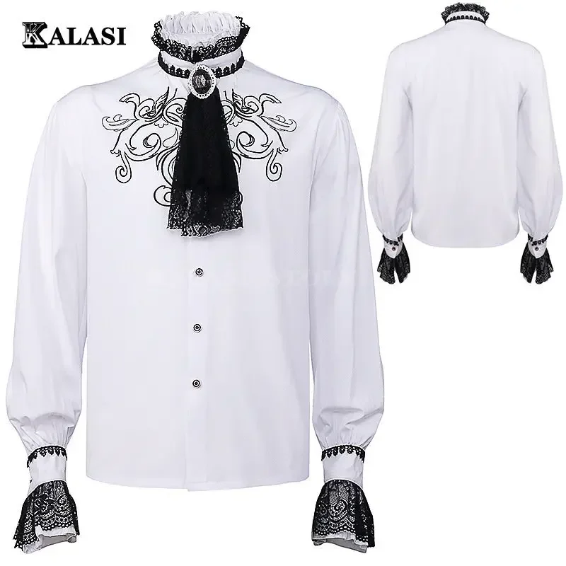 Homens Renascença Medieval Camisas Brancas Do Vintage Vitoriano Nobre Príncipe Cavalheiro Cosplay Traje Bordado Rendas Patchwork Tops