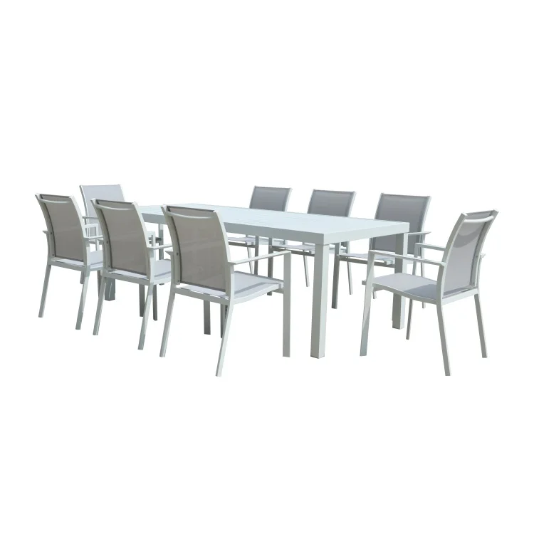 

Wholesale 9pcs Royal Rattan Aluminum Teslin Dining Set Outdoor Courtyard Kitchen Furniture Elegant Dining Table