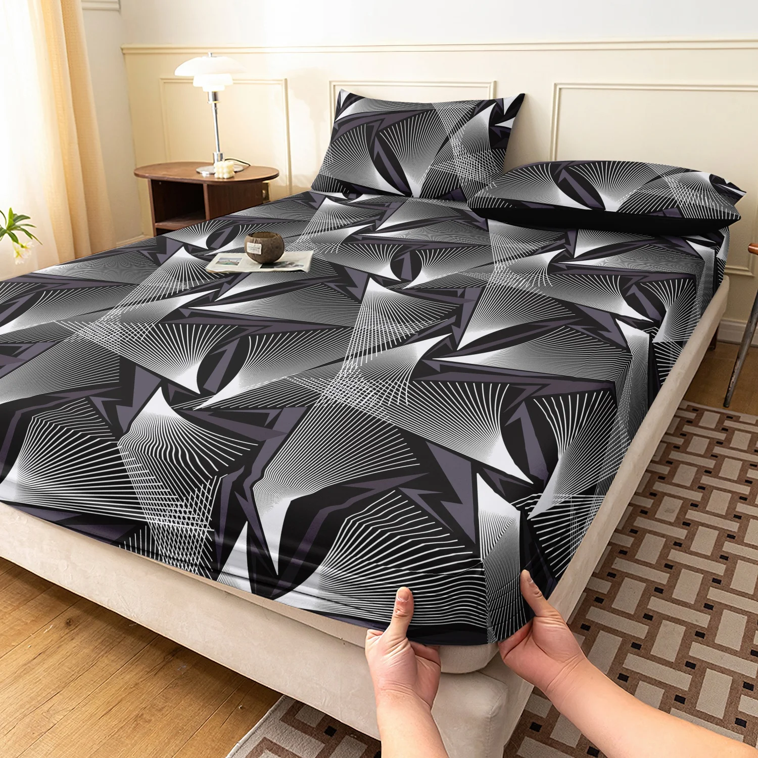 Black White Grey Geometric Triangle Print 3 Pieces Fitted Sheet Set, Abstract Line Radiant Fan Shape Minimalist Print Bedding