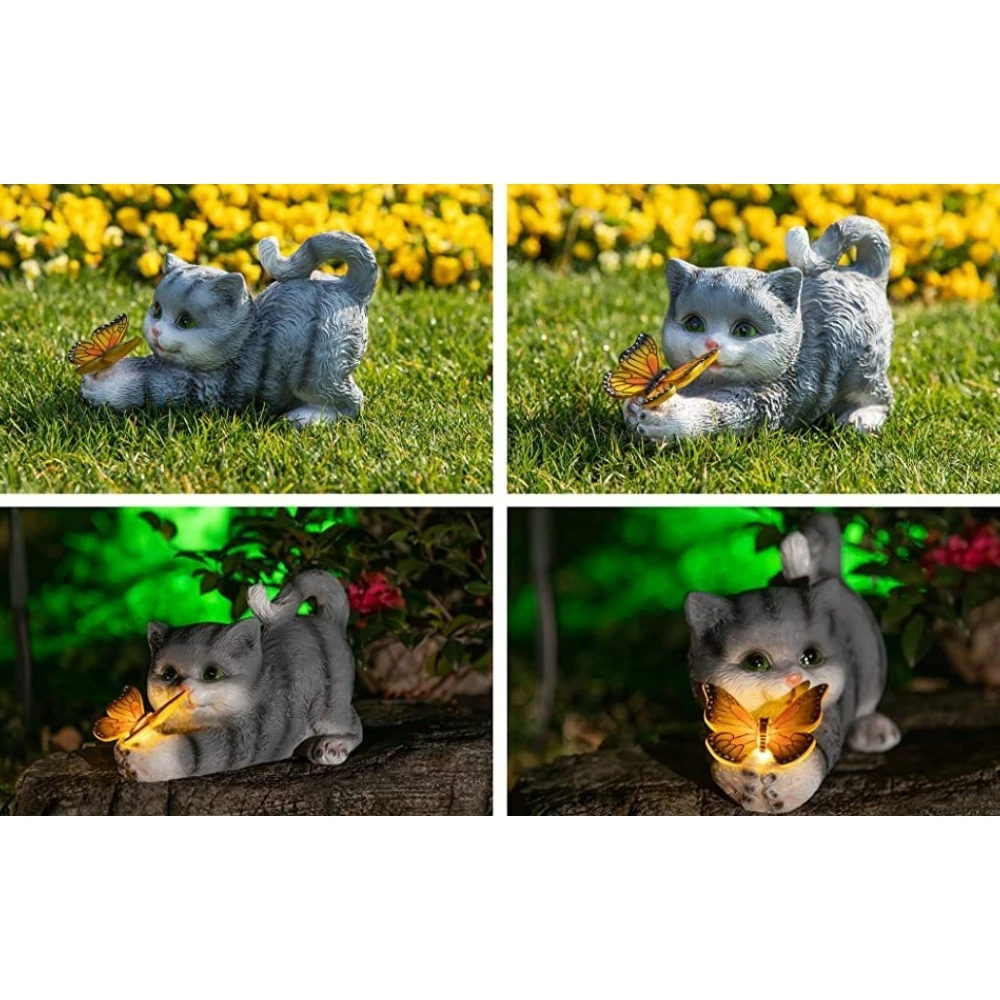 Solar Cat Statue Playing Butterfly Light Garden Outside Decorations Yard Art Lawn Ornaments Birthday Gifts for Grandma Mom Women