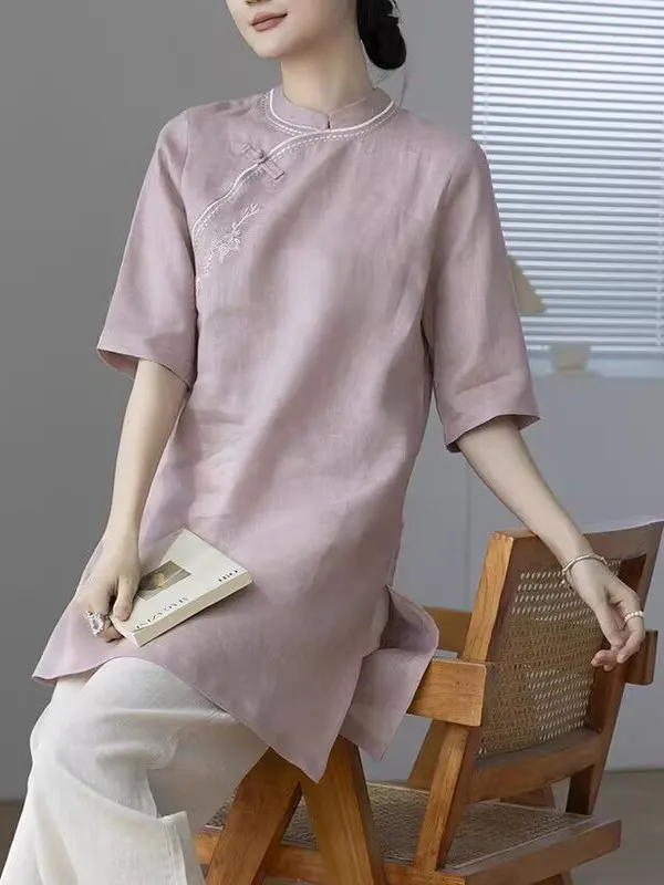 

Женский летний китайский топ из хлопка и льна с вышивкой в стиле ретро, макси-платье средней длины с разрезом, свободный крой и пуговицами