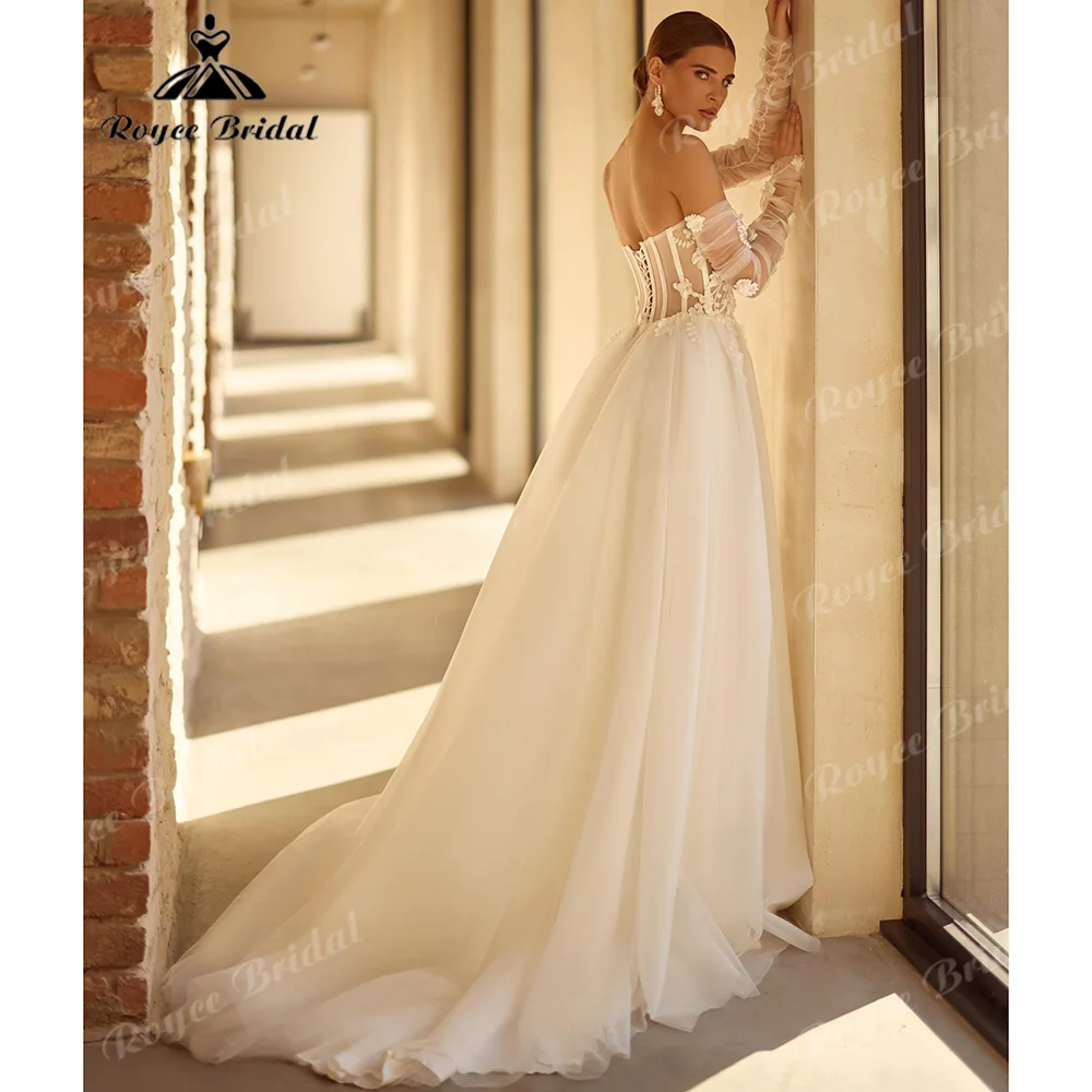 Sweetheart Strapless Wedding Dress Detachable 3D Floral Long Sleeves Corset Bodice A‑Line High Slit Vestido De Novia Customized