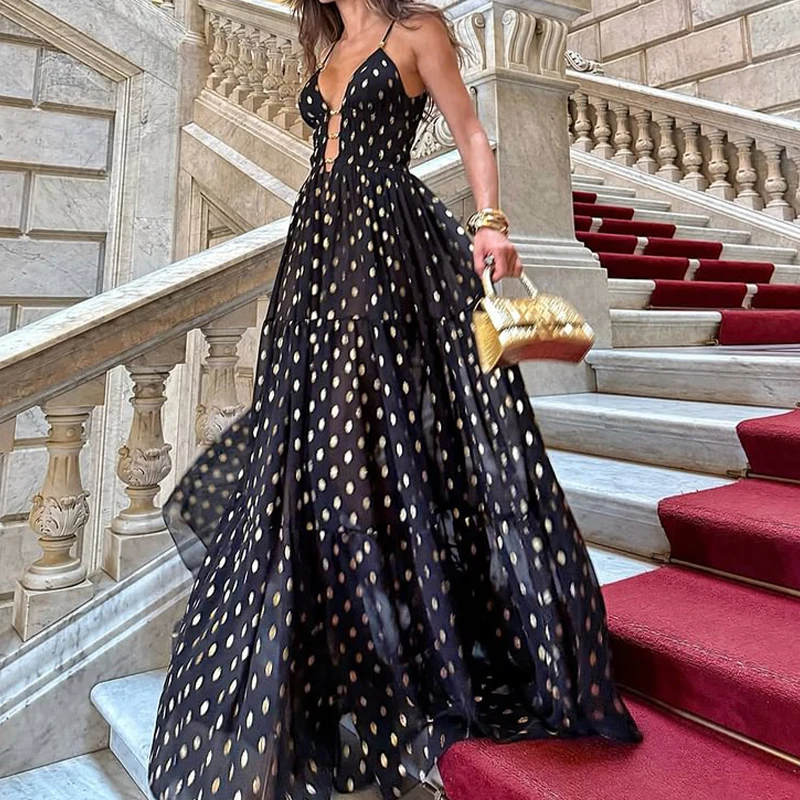 2Pcs Set Women Sexy Black and Gold Polka Dots Sleeveless Backless Deep V Swimsuit Halter Neck Cami Crop Top Bodysuit Beachwear - Image 3