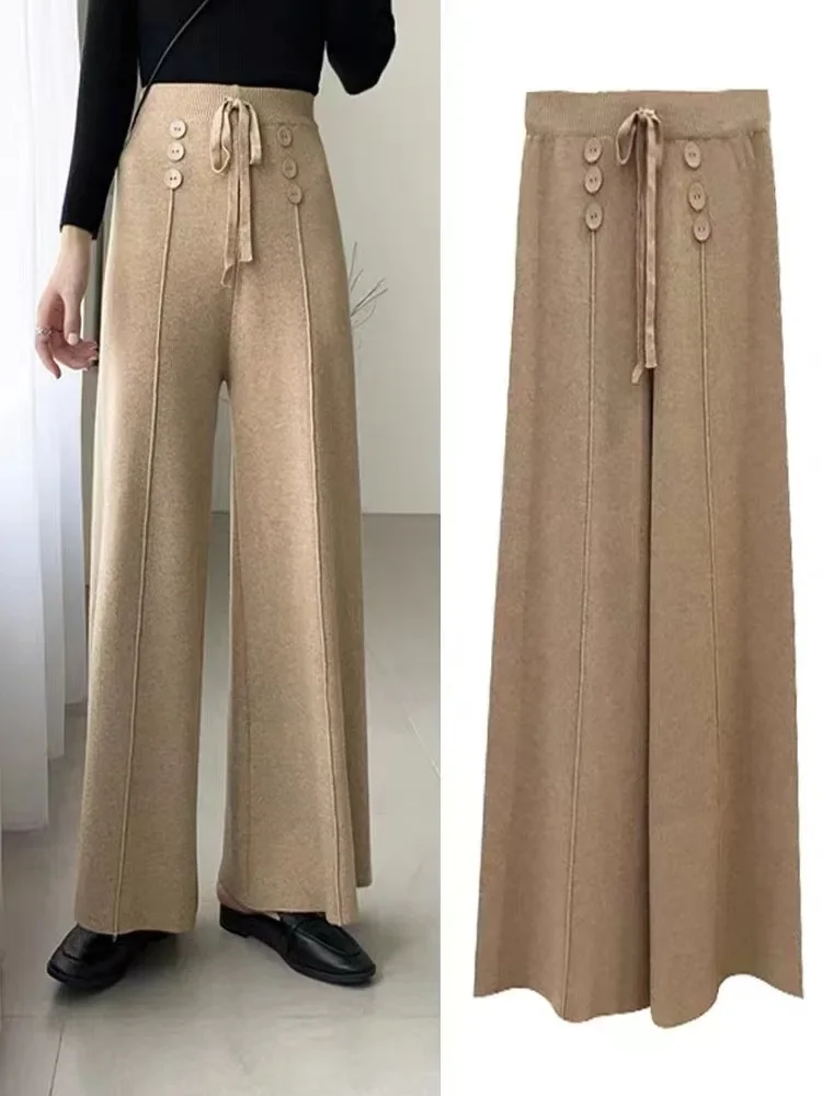 Pantaloni da donna autunnali Pantaloni a gamba larga in maglia oversize in vita elastica Pantaloni dritti coreani casual larghi larghi per le donne