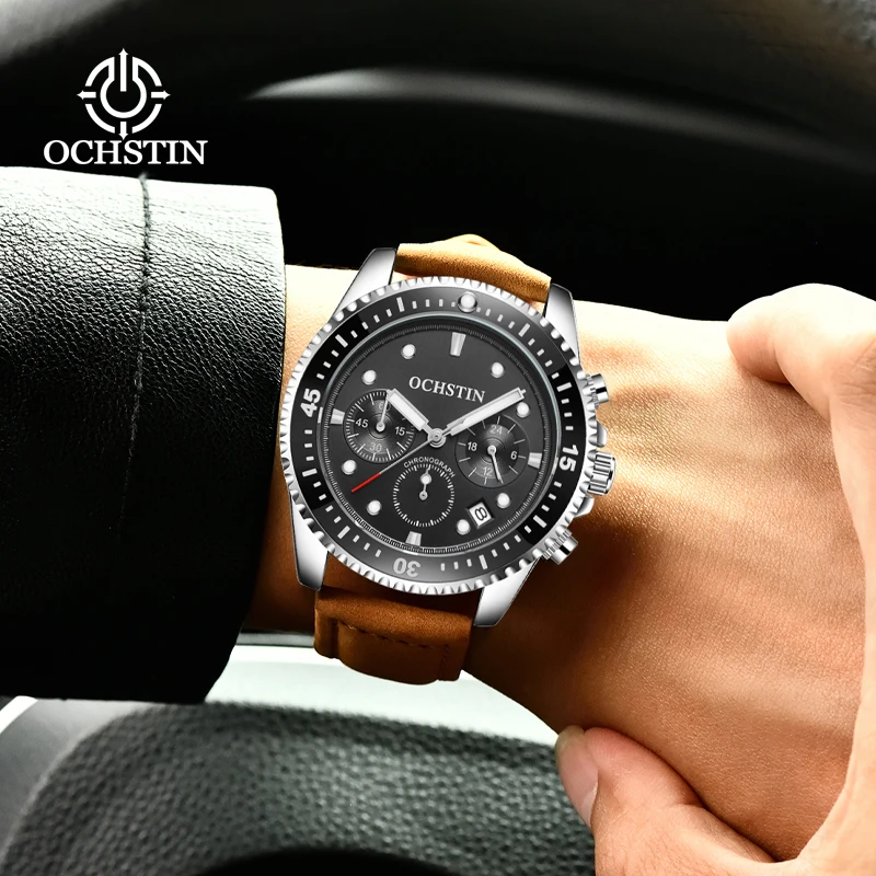 OCHSTIN Calendar Waterproof Classic New Wristwatch Man Leather Watch Strap Men‘s Multifunctional Quartz Movement Watches