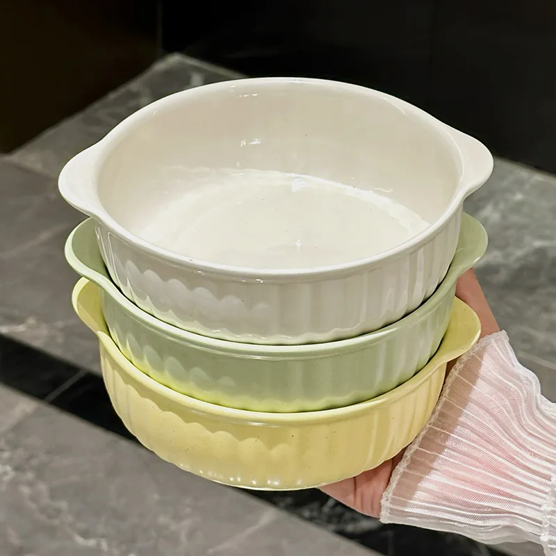 One Double-Ear Ceramic Bowl, Oven, Microwave and Dishwasher Safe. Tableware & Kitchen Utensils for Salad, Pasta view 4