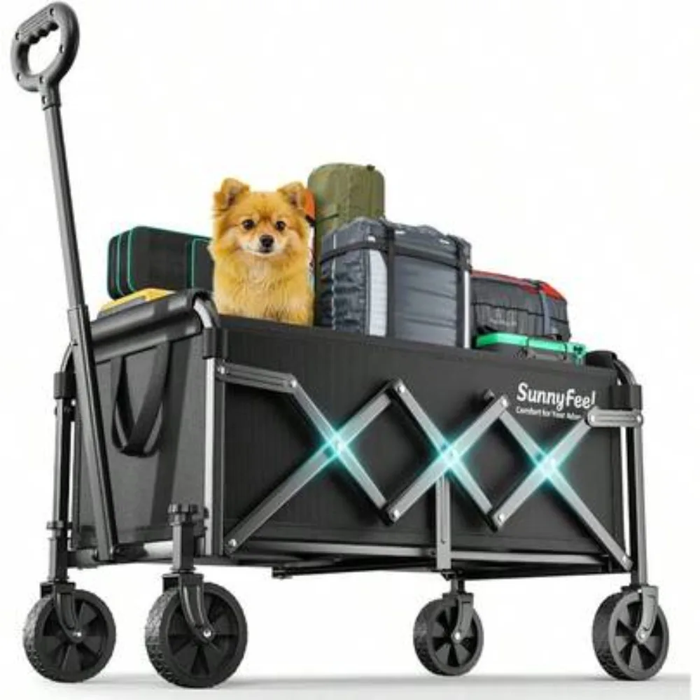 Lightweight Folding Wagon Cart with 350 LBS Capacity Portable Collapsible Utility Wagon for Grocery Shopping Camping Gardening Beach Outdoor Gear Hauling Compact Storage Heavy Duty Steel Frame All Terrain Wheels Black