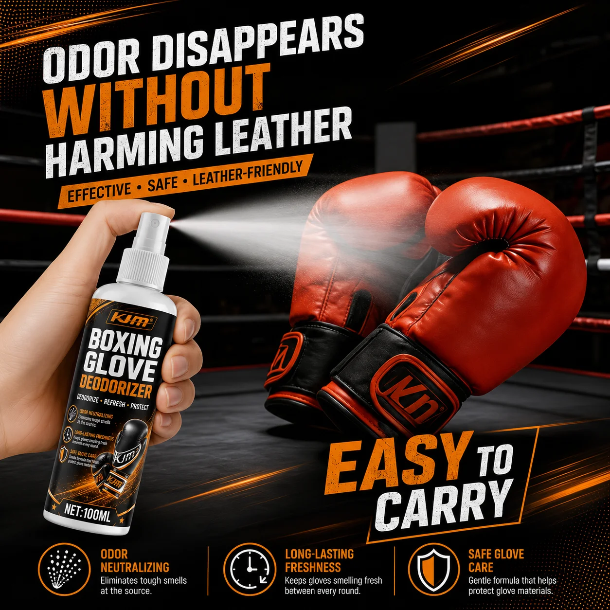 KJM Portable 100ML Odor Neutralizer Spray Sweat Smell Cleaner Safe For Automotive Leather Carpet Boxing Training Gloves