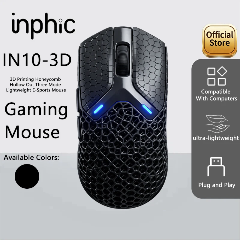 INPHIC IN10-3D Hollowed-Out Gaming Mouse 72g Ultra Lightweight PAW3950 30000DPI 8K Polling Rate Tri-ModeMode Wireless Mouse