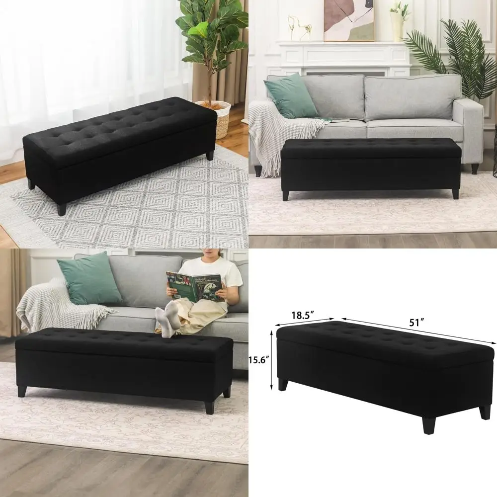 Rectangular Storage Ottoman Bench 51 Long, Bedroom Entryway Living Room, Black Linen Upholstered, Foot of Bed Furniture