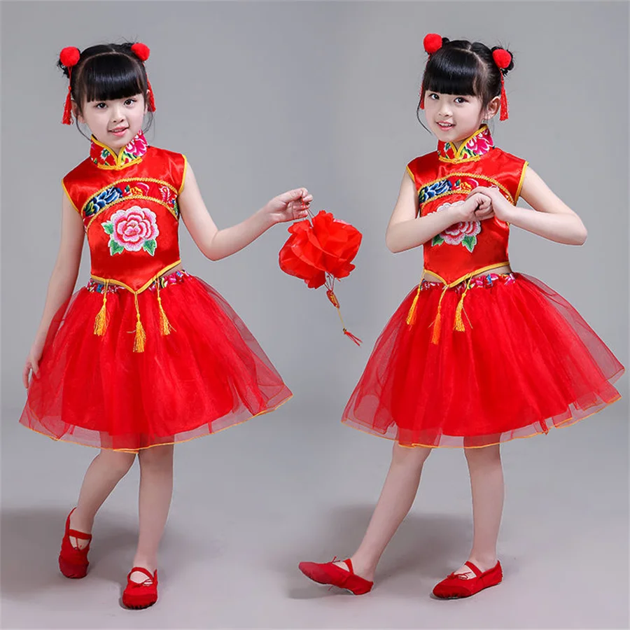 Ropa de Año Nuevo chino para niño y niña, trajes rojos de baile folclórico tradicional, fiesta de escenario, Festival, ropa Hanfu Oriental