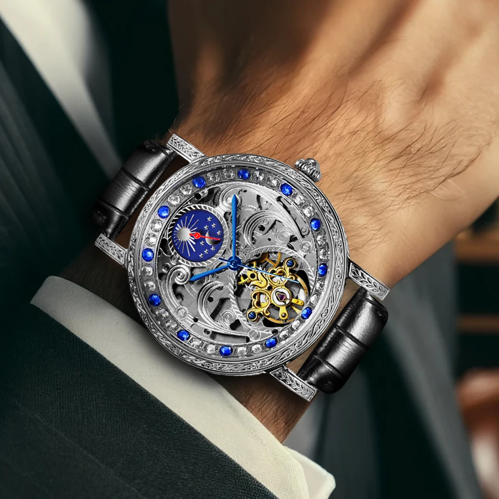 New Men's Watch Silver Black Belt Luxury Style Exquisite Carving Sun and Moon Fully Automatic Mechanical Watch