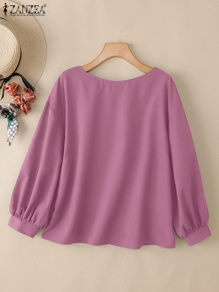 2025 ZANZEA femmes à manches longues solide hauts automne Blouses mode OL chemises de travail Mujer décontracté Femme Chemise décontracté col rond Blusas